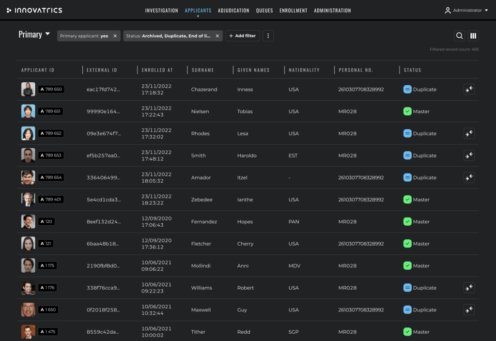 Innovatrics ABIS allows easy browsing, searching, filtering, and sorting of biometric records.