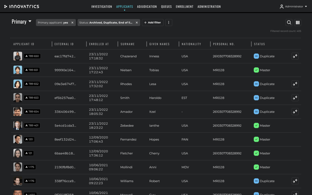 Innovatrics ABIS allows easy browsing, searching, filtering, and sorting of biometric records.