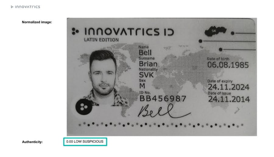 El kit de herramientas de incorporación digital de Innovatrics puede evaluar la autenticidad del documento de identidad a partir del perfil de color.