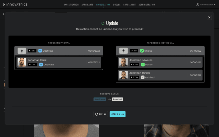 Innovatrics ABIS' predefined workflows for complete applicant lifecycle management.